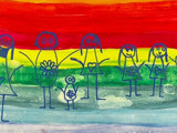 Billede malet af elev viser familie på farvet baggrund